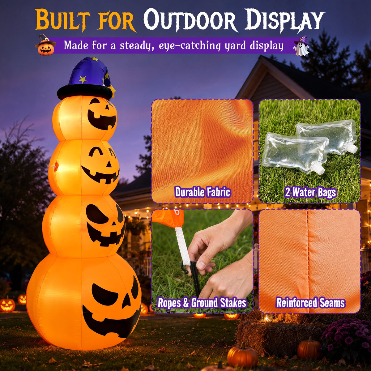 Witchwood™ 8 ft Halloween Pumpkin Stack Inflatable Decoration with Witch Hat, Lighted Blow up Yard Decor for Outdoor Lawn Garden