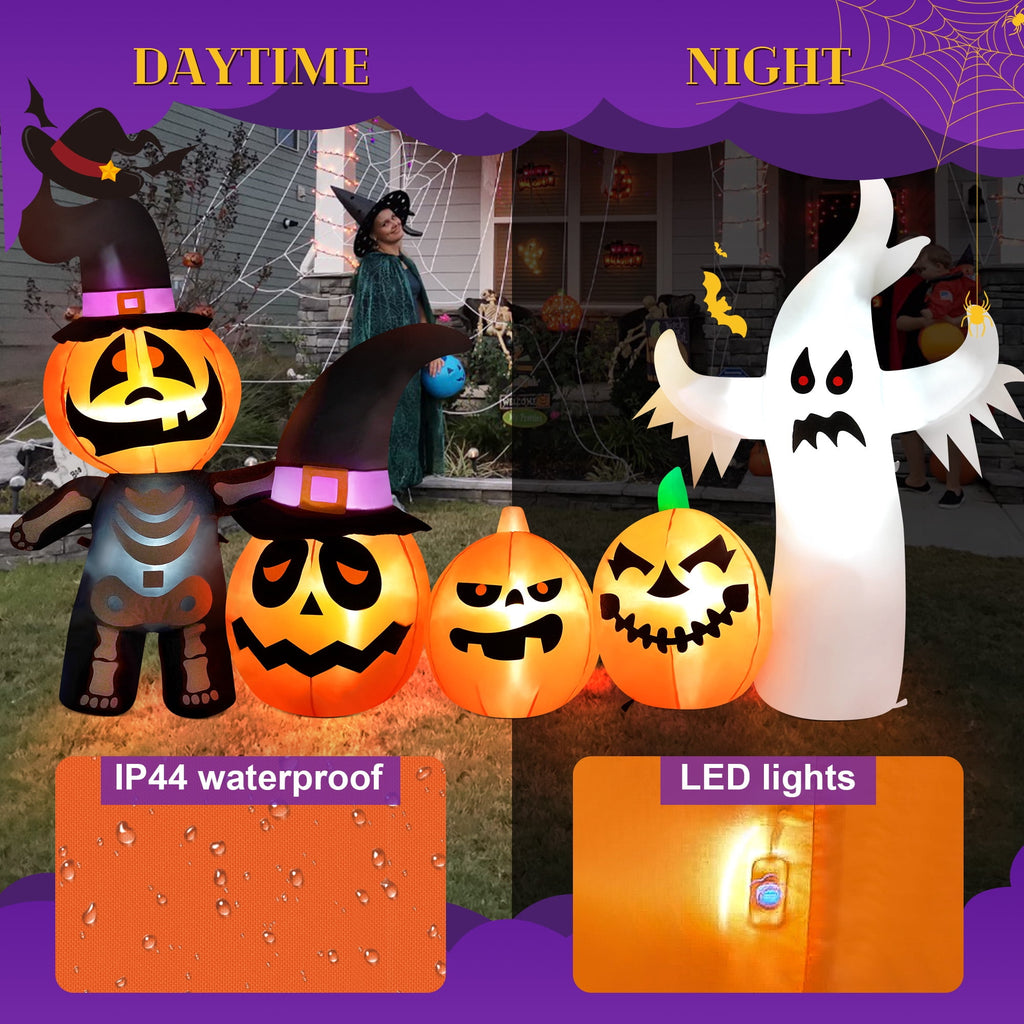 Witchwood™ Vrilay Halloween Inflatables, 7 FT Long 4 Pumpkins with Cute White Ghost Outdoor Decorations, Built-in LEDs, Blow Up Party, Waterproof Yard, Garden, Lawn Decor