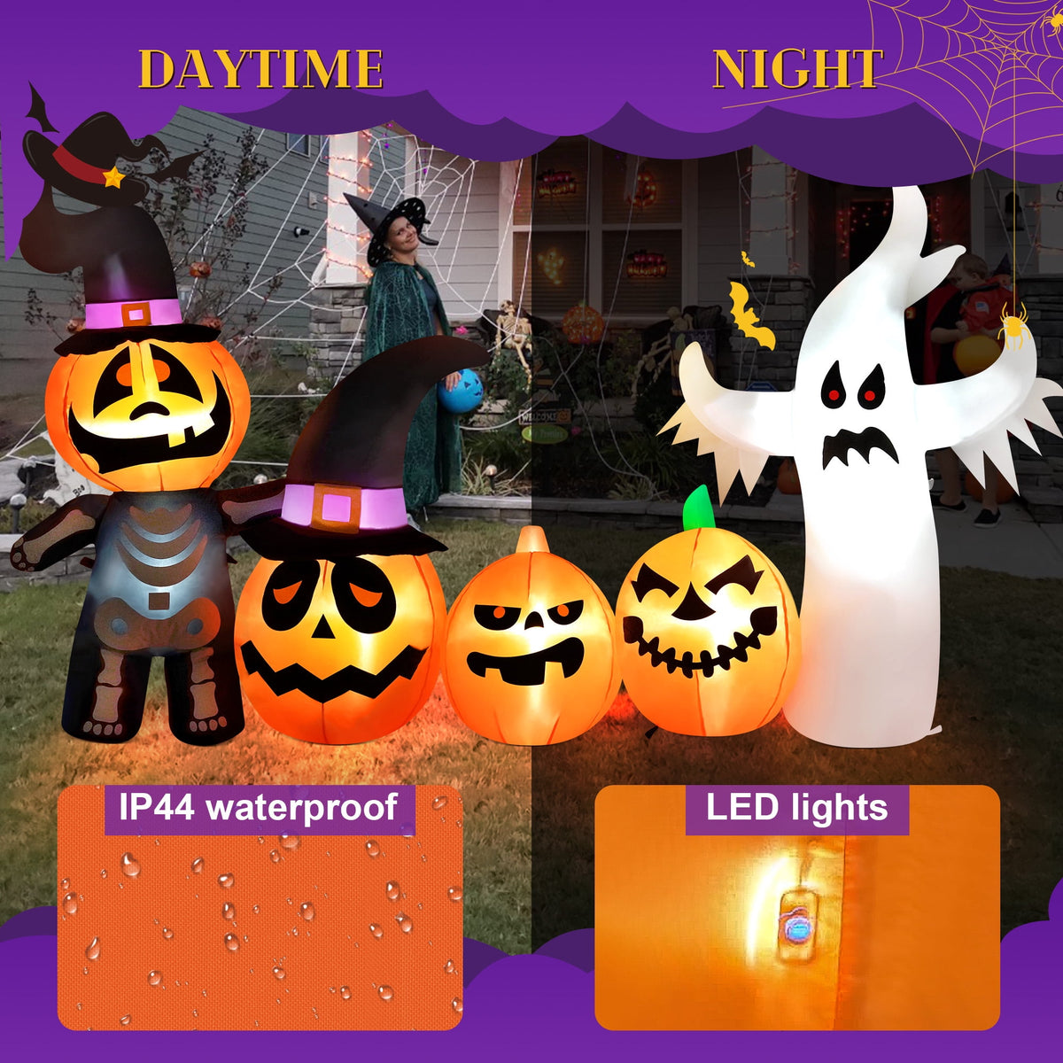 Witchwood™ Vrilay Halloween Inflatables, 7 FT Long 4 Pumpkins with Cute White Ghost Outdoor Decorations, Built-in LEDs, Blow Up Party, Waterproof Yard, Garden, Lawn Decor