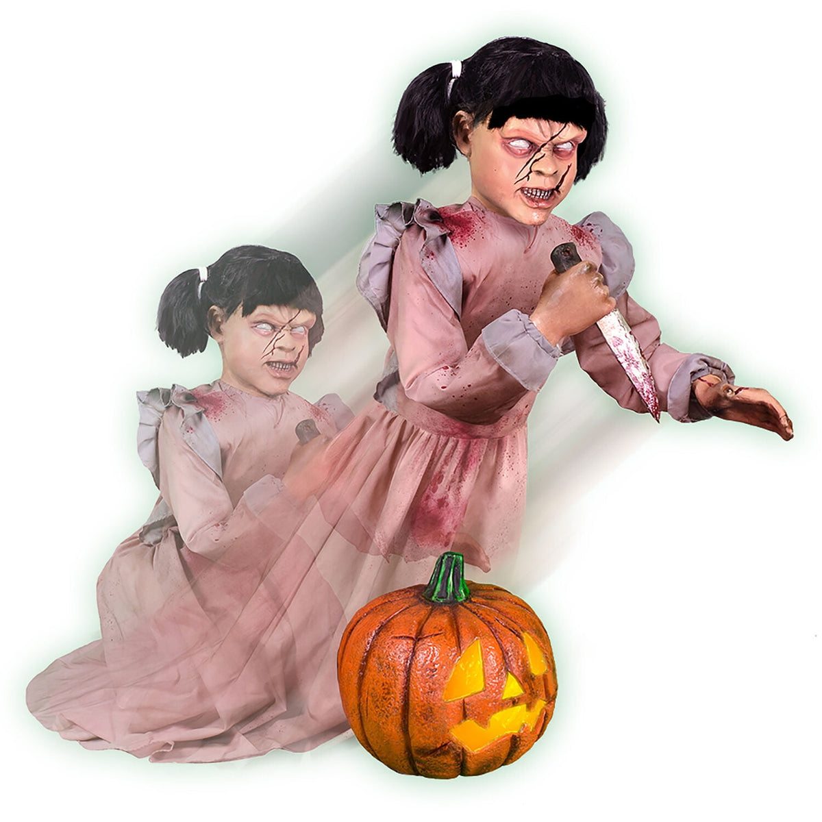 Witchwood™ Lunging Pumpkin Carver Zombie Girl with Jack O'Lantern by Tekky, 3.2 ft Premium Talking Halloween Animatronic, HHPMPCVR-FLSA