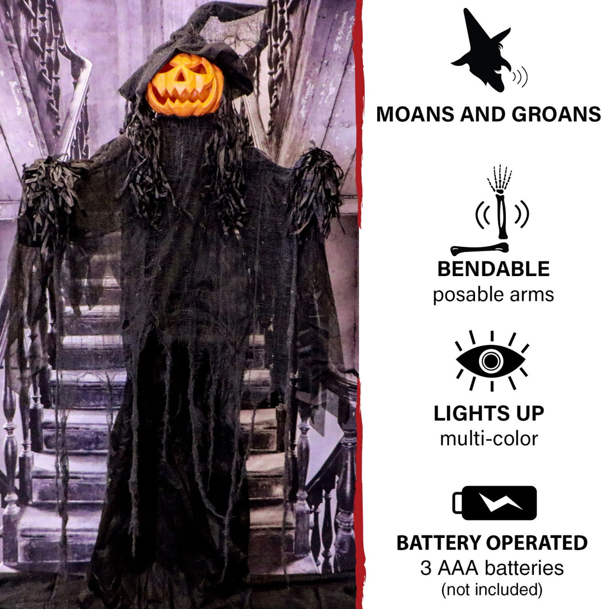 Witchwood™ 5.6-ft. Animatronic Pumpkin, Indoor/Outdoor Halloween Decoration, Multicolor LED Eyes, Poseable, Gourdy