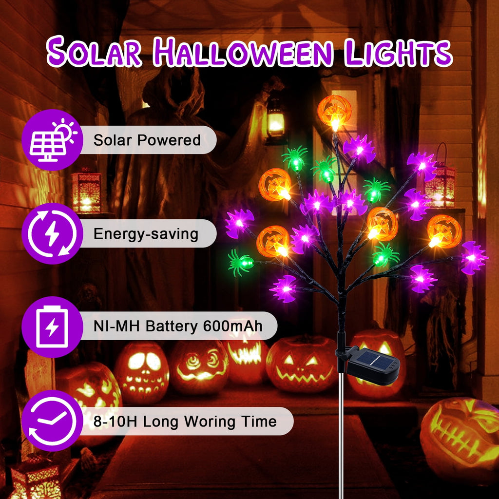 Witchwood™ 2 packs 40 LED Solar Halloween Lights, 2 Modes Halloween Bats Spiders Pumpkin Lights for Outdoor Decorations, Waterproof Stakes for Garden Yard Pathway Walkway