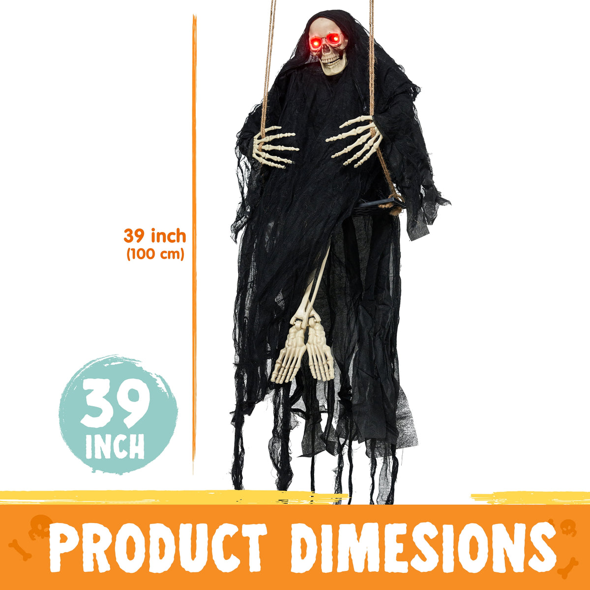 Witchwood™ 3 FT Halloween Hanging Swinging Skeleton,Light Up Creepy Grim Reaper with Black Hood Decorations for Halloween Hanging Decorations Indoor Outdoor Yard Home Decorations