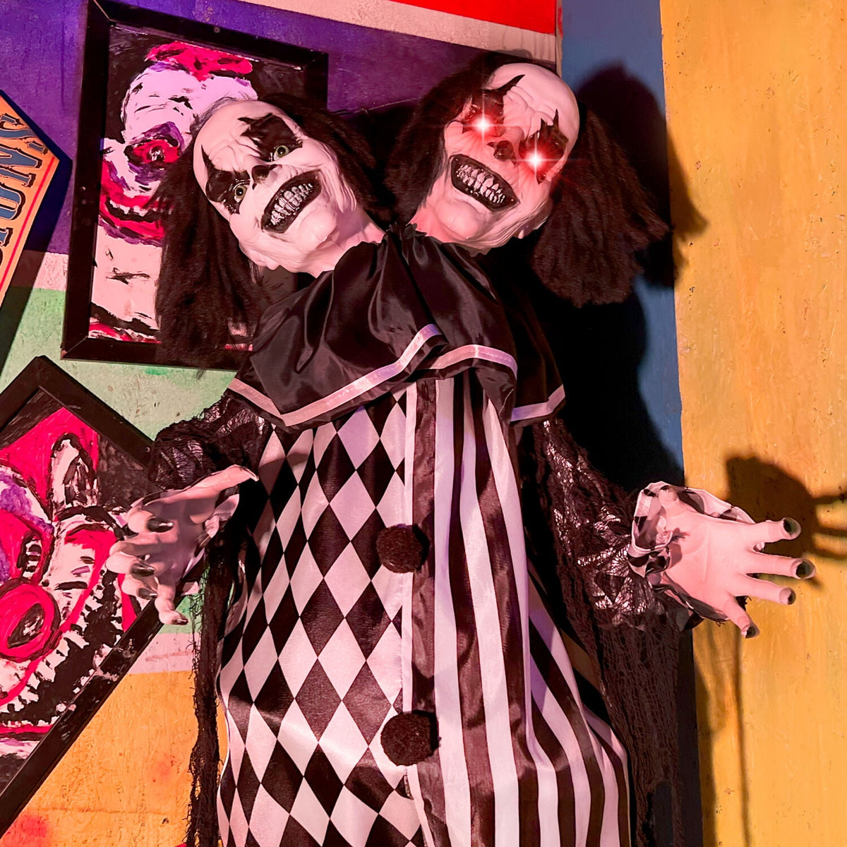 Witchwood™ Lifesize 5.5 ft Animatronic Two-Headed Clown with Lights and Sound, Indoor/Outdoor Halloween Decoration, HHCLOWN-37FLSA