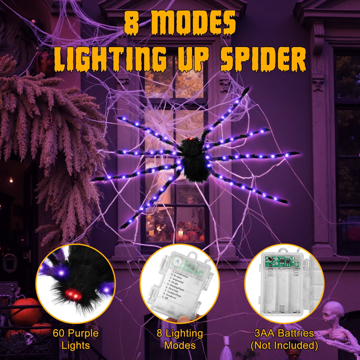 Witchwood™ Halloween Decorations Outdoor, 5Ft Giant Spider Light Up Spider, 2 Pack Scary Large Halloween Spider Decor for Home Party Favor Yard Decor