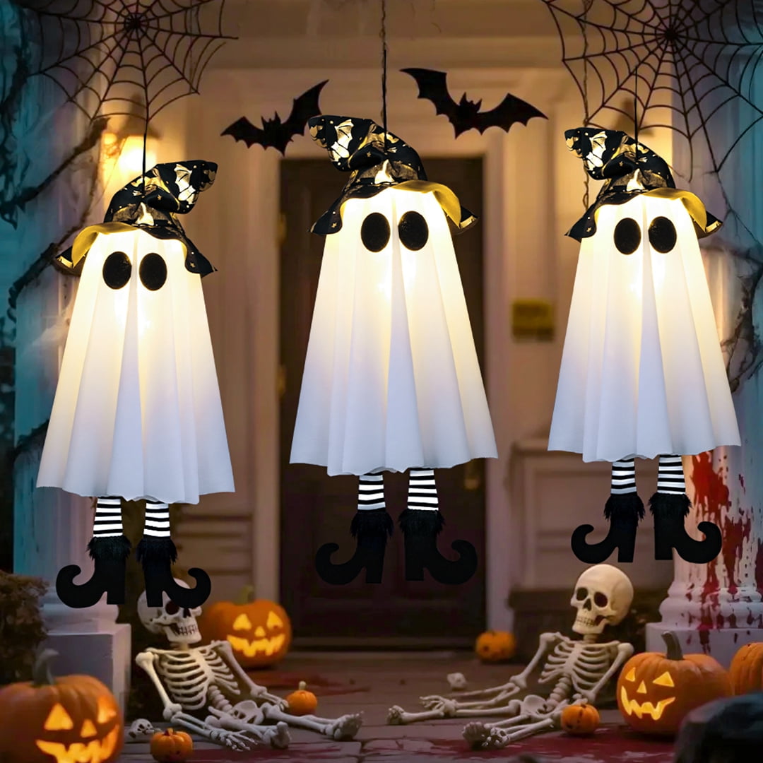 Witchwood™ 18In Set of 3 Halloween Hanging Ghosts,Halloween Decorations Outdoor Hanging Ghosts with Witch Hat,Glowing Ghost Witch Hat Lights Halloween Ghost Decor for Yard Patio Garden Tree Outside