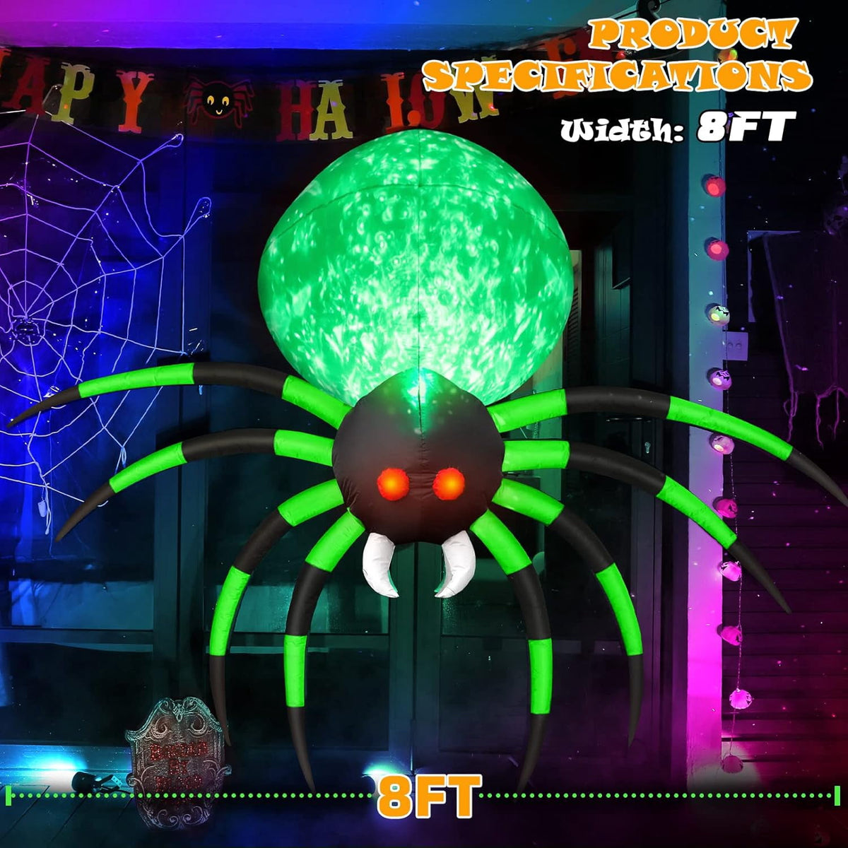 Witchwood™ 8FT Halloween Spider Inflatables Outdoor Decorations for Yard, Giant Green Spider with Blow up Rotating Fire Flame, Large Spooky Spider Props for Halloween Party Garden Lawn House Holiday Room Decor