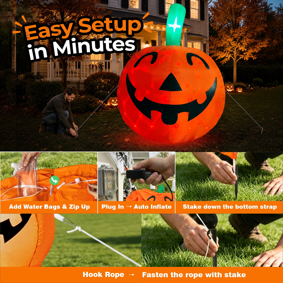 Witchwood™ 10ft Halloween Inflatable Pumpkin Decoration with Built-in LED Lights, Outdoor Yard Blow up for Halloween Party, Yard, Garden, Lawn