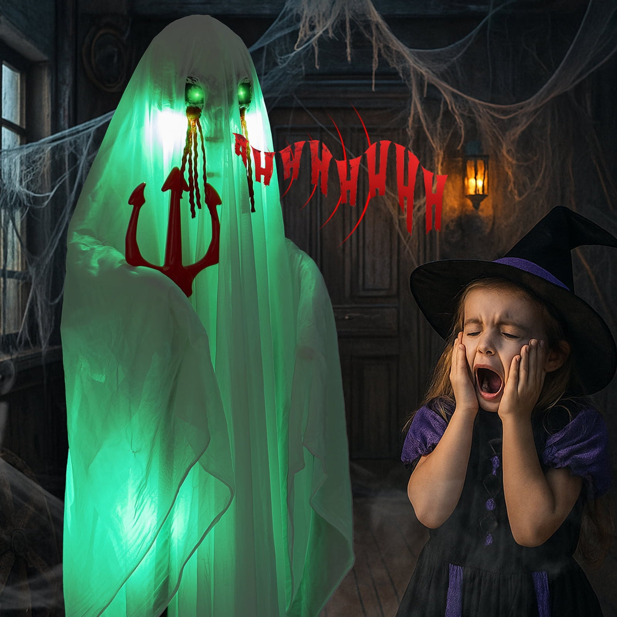 Witchwood™ 4.5ft Hanging Ghost Animated Halloween Decoration Creepy Halloween Skeleton w/ Pre-Recorded Screaming, LED Eyes