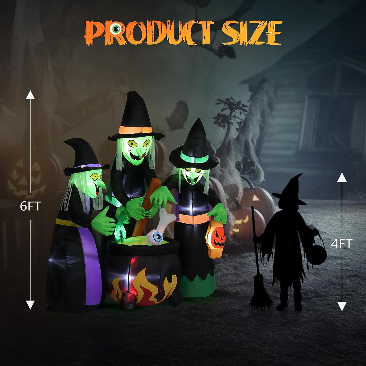 Witchwood™ VINGLI 6FT High Halloween Inflatables Outdoor Decorations, Blow Up Scary 3 Witches Halloween Yard Decorations, Built-in LED Lights Décor for Indoor Home Party Garden Lawn Store