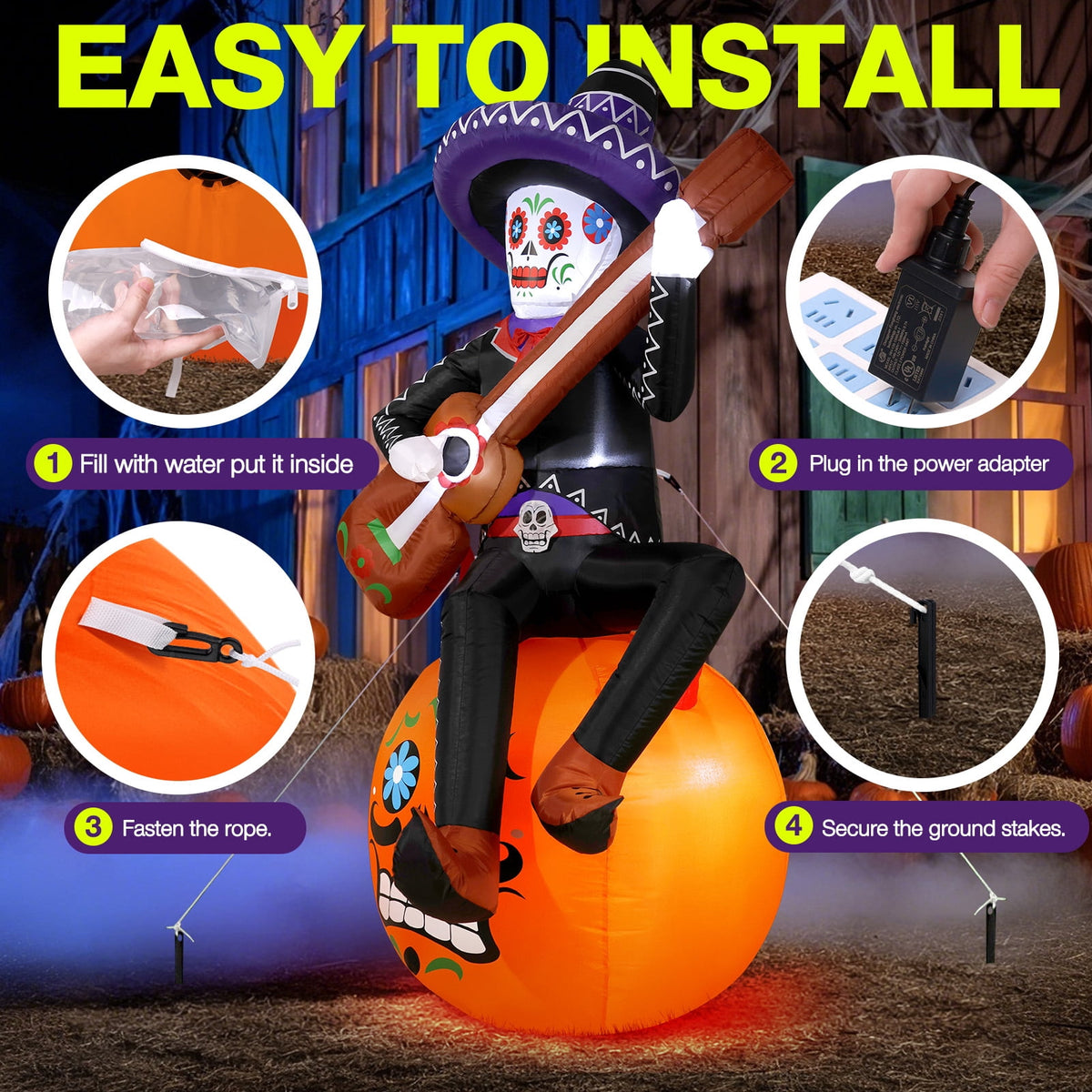 Witchwood™ 6FT Halloween Inflatable Outdoor Decoration, Day of the Dead Skull with Guitar, Blow Up Yard Decor