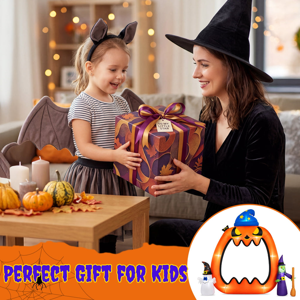 Witchwood™ 8.2ft Halloween Inflatable Pumpkins Photo Door with Ghost Witch Yard Party Outdoor Decorations with LED Lights