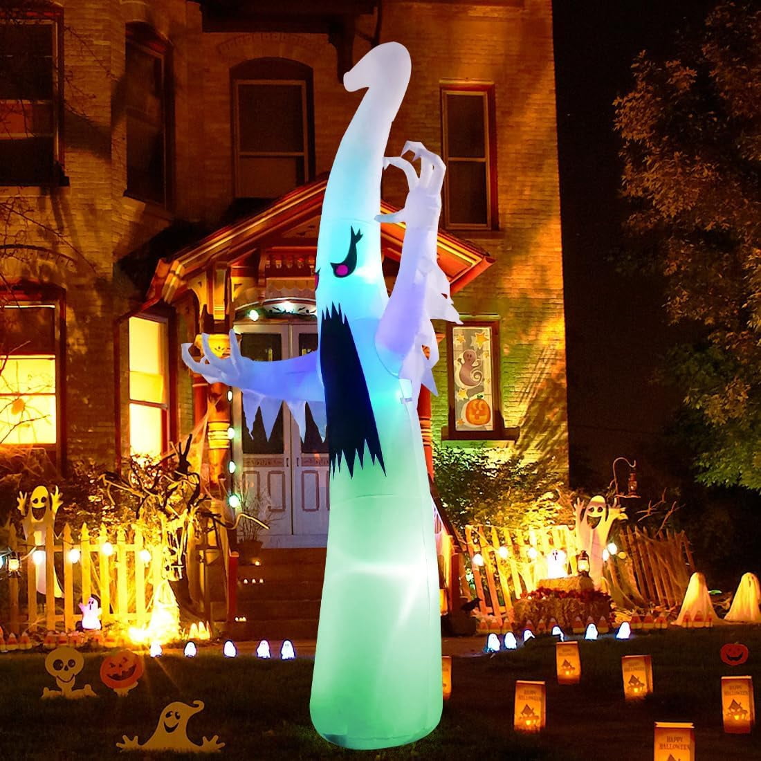 Witchwood™ 12 FT Height Halloween Inflatable Outdoor Colorful Dimming Ghost, Blow Up Yard Decoration Clearance with LED Lights Built-in for Holiday/Party/Yard/Garden