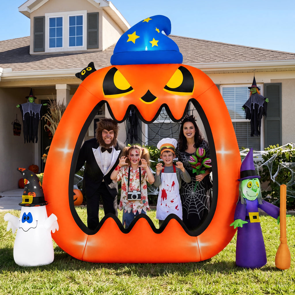 Witchwood™ 8.2ft Halloween Inflatable Pumpkins Photo Door with Ghost Witch Yard Party Outdoor Decorations with LED Lights