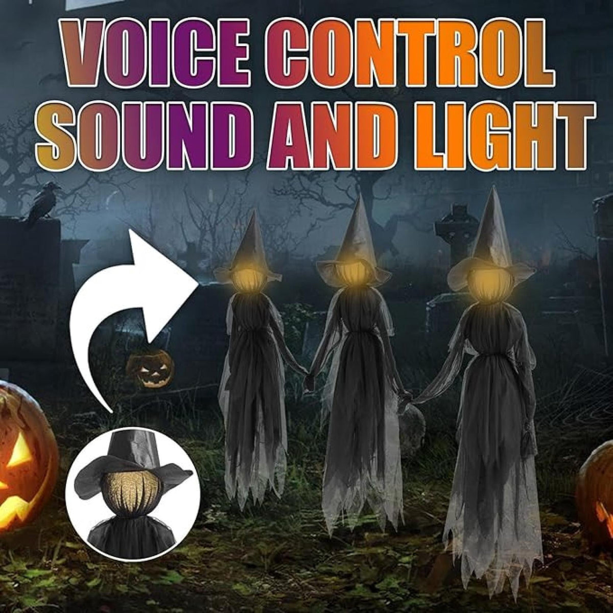 Witchwood™ Life-Size Light-Up Screaming Witches Halloween Decor - Outdoor LED Animated Witch with 7 Color Changing Lights & Sound Activation, Scary Yard Decoration