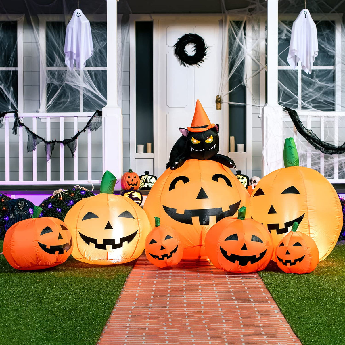 Witchwood™ 7 ft Halloween Inflatable Long Pumpkin with Witch's Cat Decorations Inflatables with Build-in LEDs,Halloween Decor Outdoor Blow Up Yard Decorations