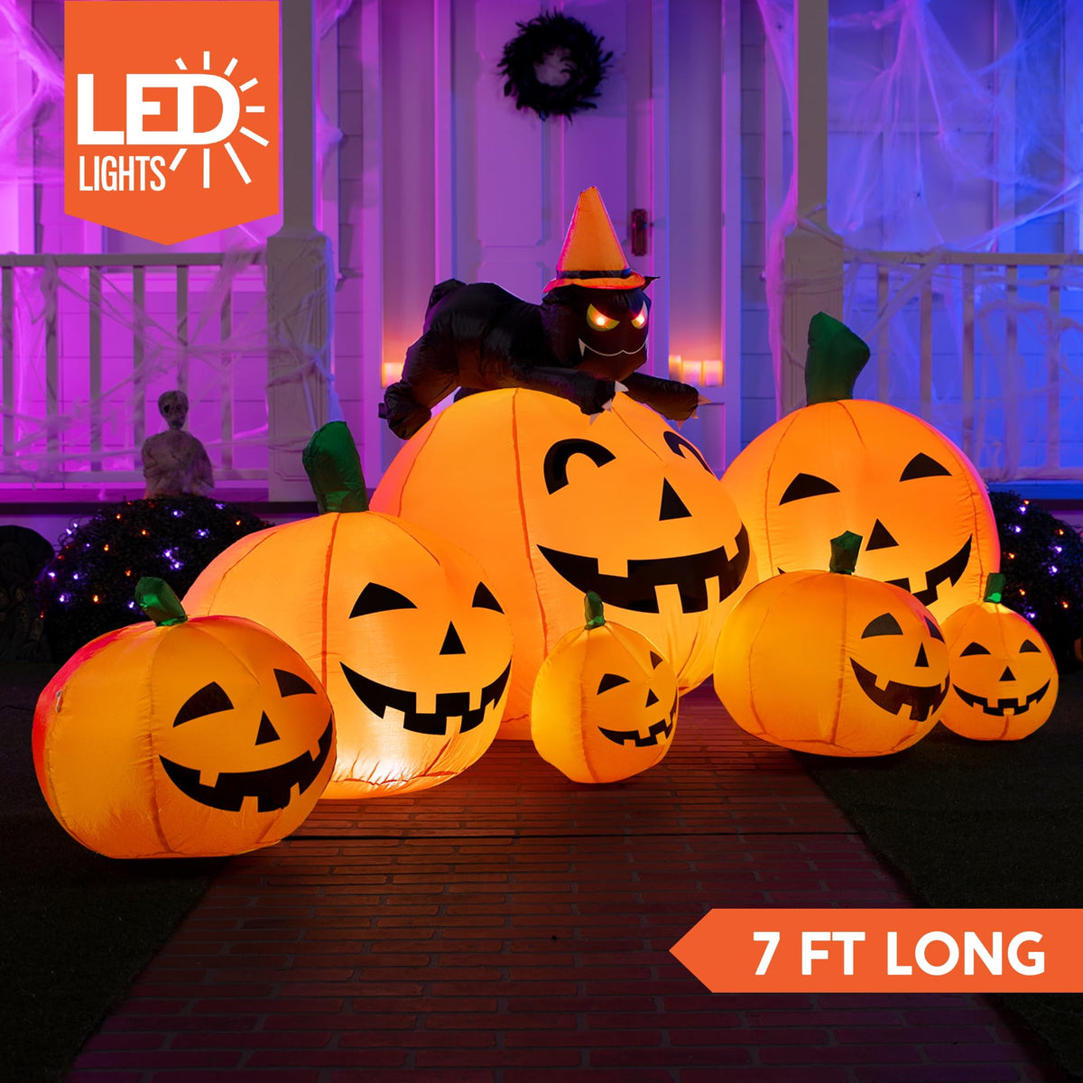 Witchwood™ 7 ft Halloween Inflatable Long Pumpkin with Witch's Cat Decorations Inflatables with Build-in LEDs,Halloween Decor Outdoor Blow Up Yard Decorations