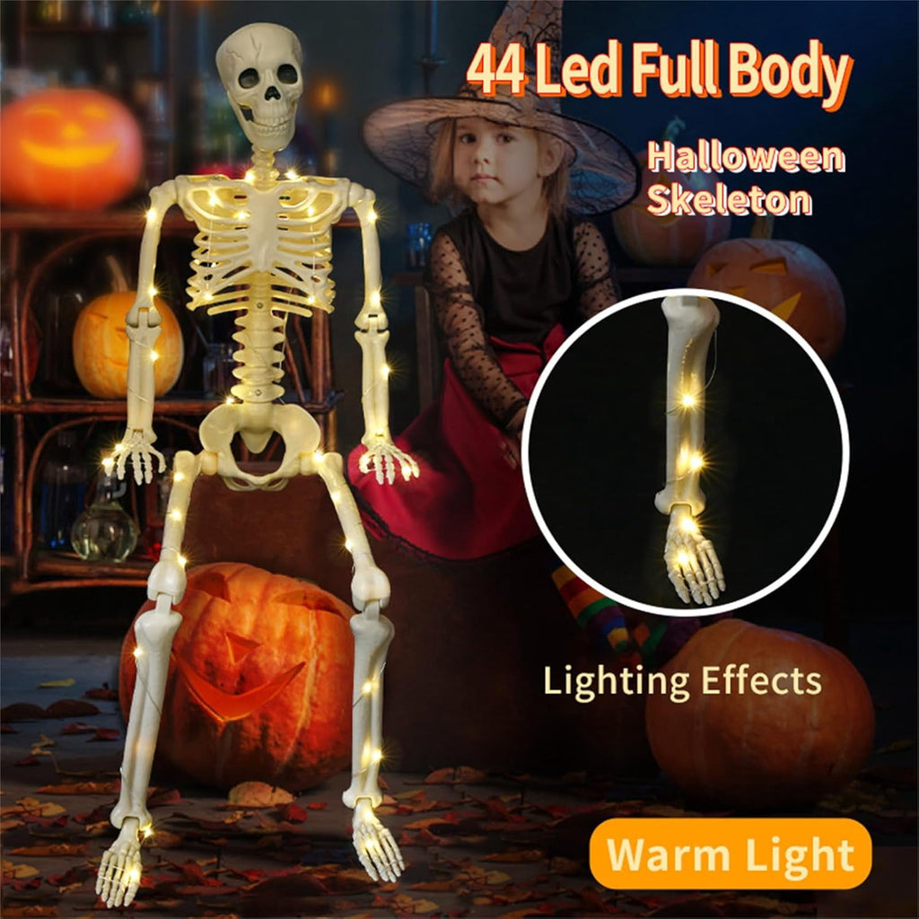 Witchwood™ 36" Full Body Skeleton Decoration,Halloween Posable Skeleton with Lights, Posable Joints Gothic Skeletons Decoration for Outdoor Indoor Yard Patio Haunted House,Light Up Spooky Party Props Decor