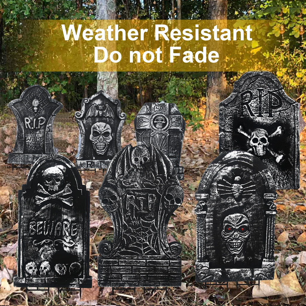 Witchwood™ Halloween Foam RIP Graveyard Tombstones, 7Pack(3 x L-Size + 4 x XL-Size) Foam Tombstone for Halloween Party Outdoor Decorations