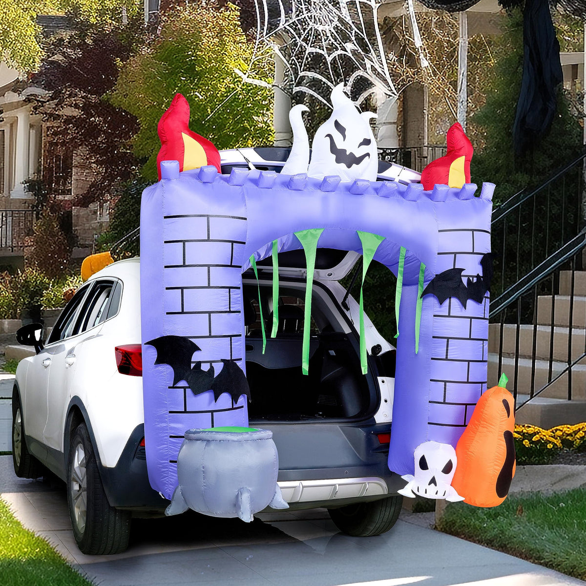 Witchwood™ 6 FT Halloween Inflatable Haunted Castle Decoration,Trunk or Treat Car Decorations Kit Ghost and Pumpkin with Built-in LED Light for Halloween Party Indoor,Outdoor,Yard,Garden Decor