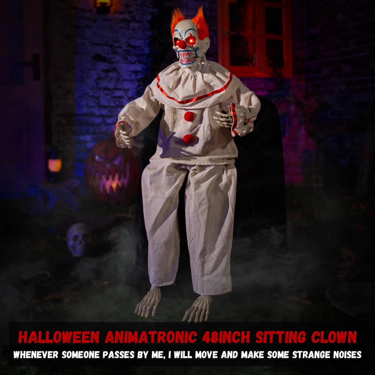 Witchwood™ Halloween Animatronic Sitting Clown Animated Decorations - Sound Activated with Creepy Sound, Light Up Eyes, Scary Move, Haunted House Holiday Spooky Decor Horror Prop, for Indoor Outdoor