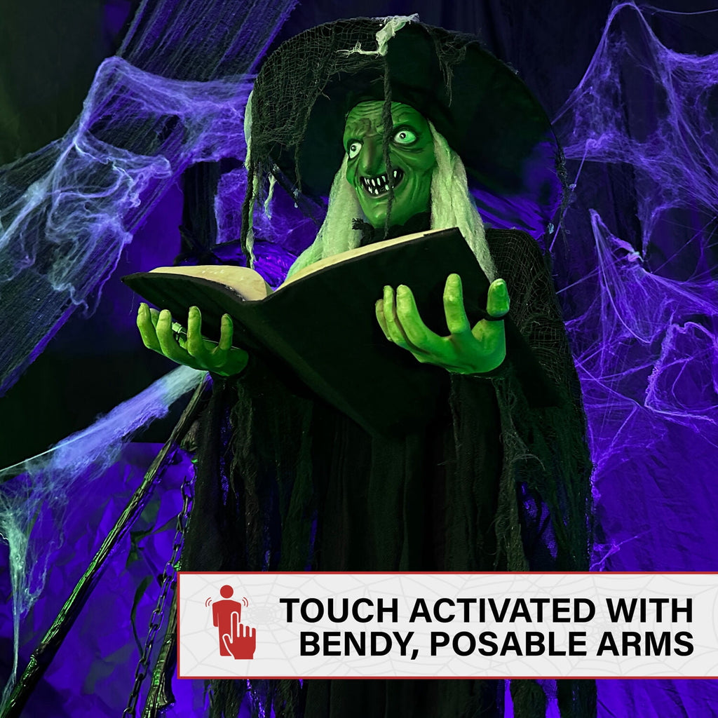 Witchwood™ 5.5 ft Poseable Witch with Spell Book, Lights and Sound, Indoor/Covered Outdoor Halloween Decoration, HHWITCH-9FLS