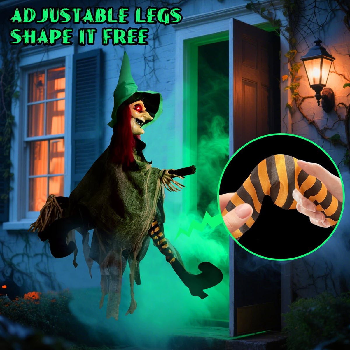 Witchwood™ Halloween LED Light-Up Flying Witch on Broomstick, Realistic Sound & Motion, Scary Animated Decoration with Kicking Legs for Yard, Party, Haunted House Green