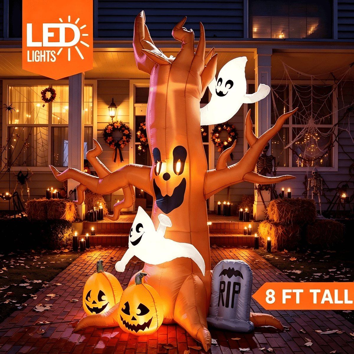 Witchwood™ 8 FT Halloween Inflatables Spooky Tree with Ghost,Pumpkin & Tombstone Tree Blow Up Decor with Built-in LED Lights for Yard,Lawn,Garden,Party,Holiday Outdoor Decorations