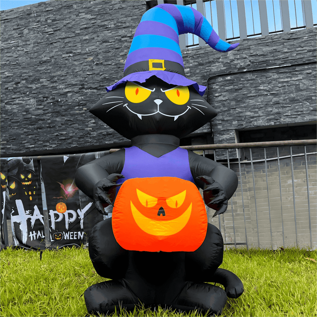 Witchwood™ Toiyjofe 6ft Halloween Inflatable Black Cat with Jack-o'-Lantern & LED Lights, Trick-or-Treat Yard Decoration with Witch Hat for Outdoor Lawn & Porch