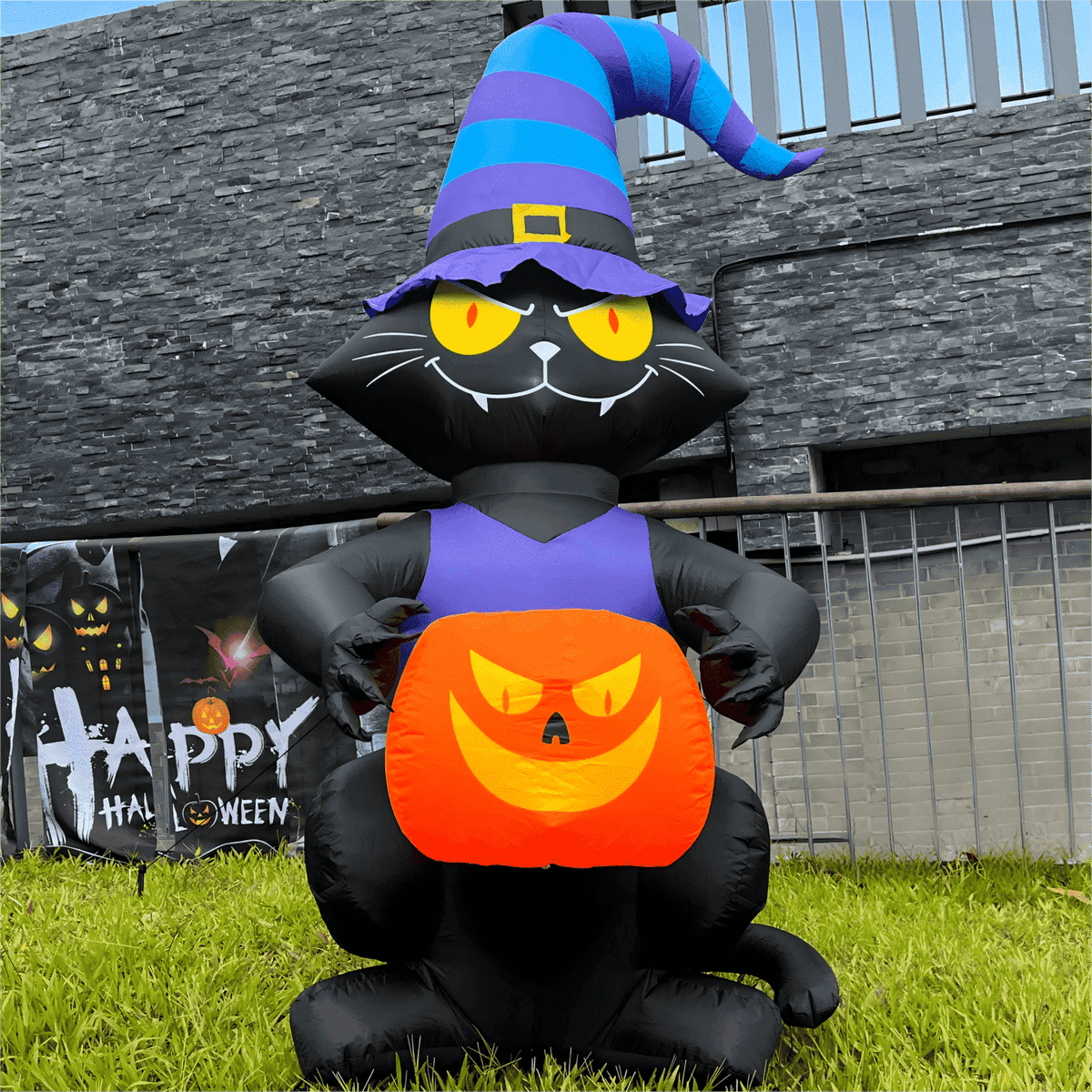 Witchwood™ Toiyjofe 6ft Halloween Inflatable Black Cat with Jack-o'-Lantern & LED Lights, Trick-or-Treat Yard Decoration with Witch Hat for Outdoor Lawn & Porch