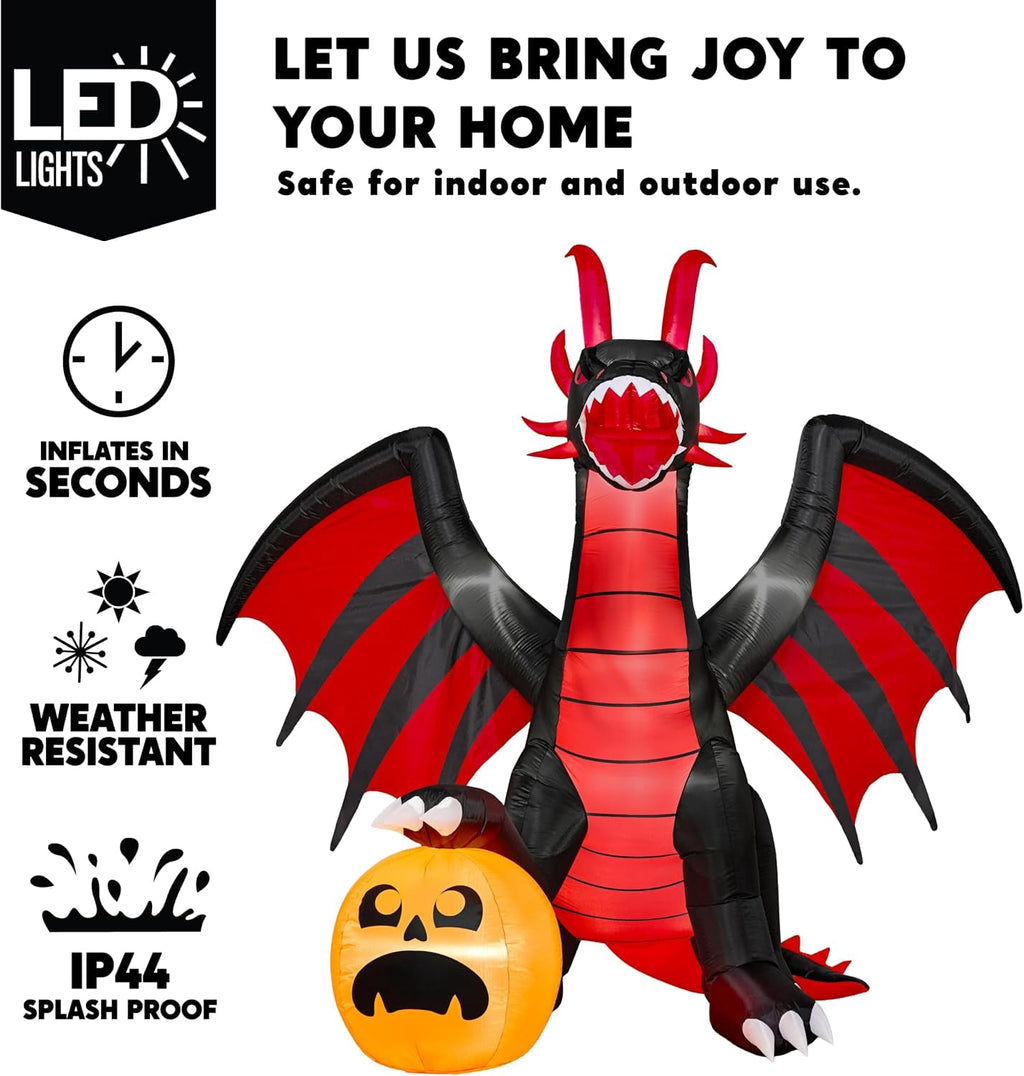 Witchwood™ 8 ft Halloween Inflatable Fire Dragon with Pumpkin,Animated Moving Mouth & Internal LED Lights,Blow Up Yard Decor Outdoor Lawn Garden Indoor Porch Patio Spooky Halloween Decoration