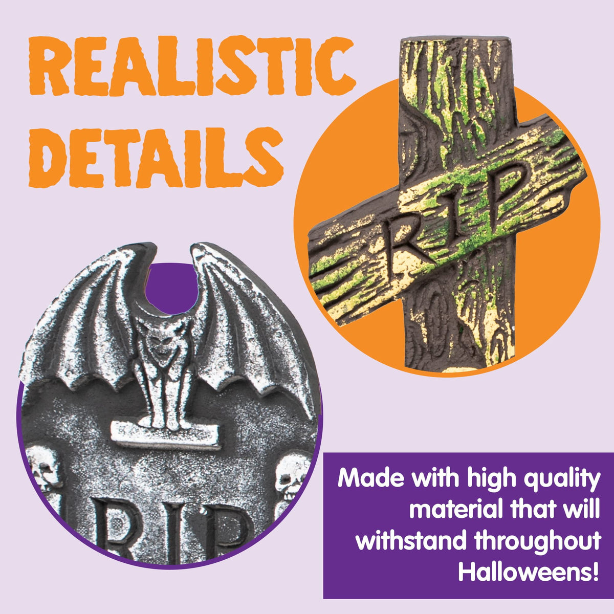 Witchwood™ 17" Halloween 5 Pack Tombstone Decorations, Foam RIP Graveyard Signs Cemetery Headstones Scary Outdoor Indoor Halloween Decor with 12 Metal Stakes for Easy Set Up, Waterproof for Garden Lawn