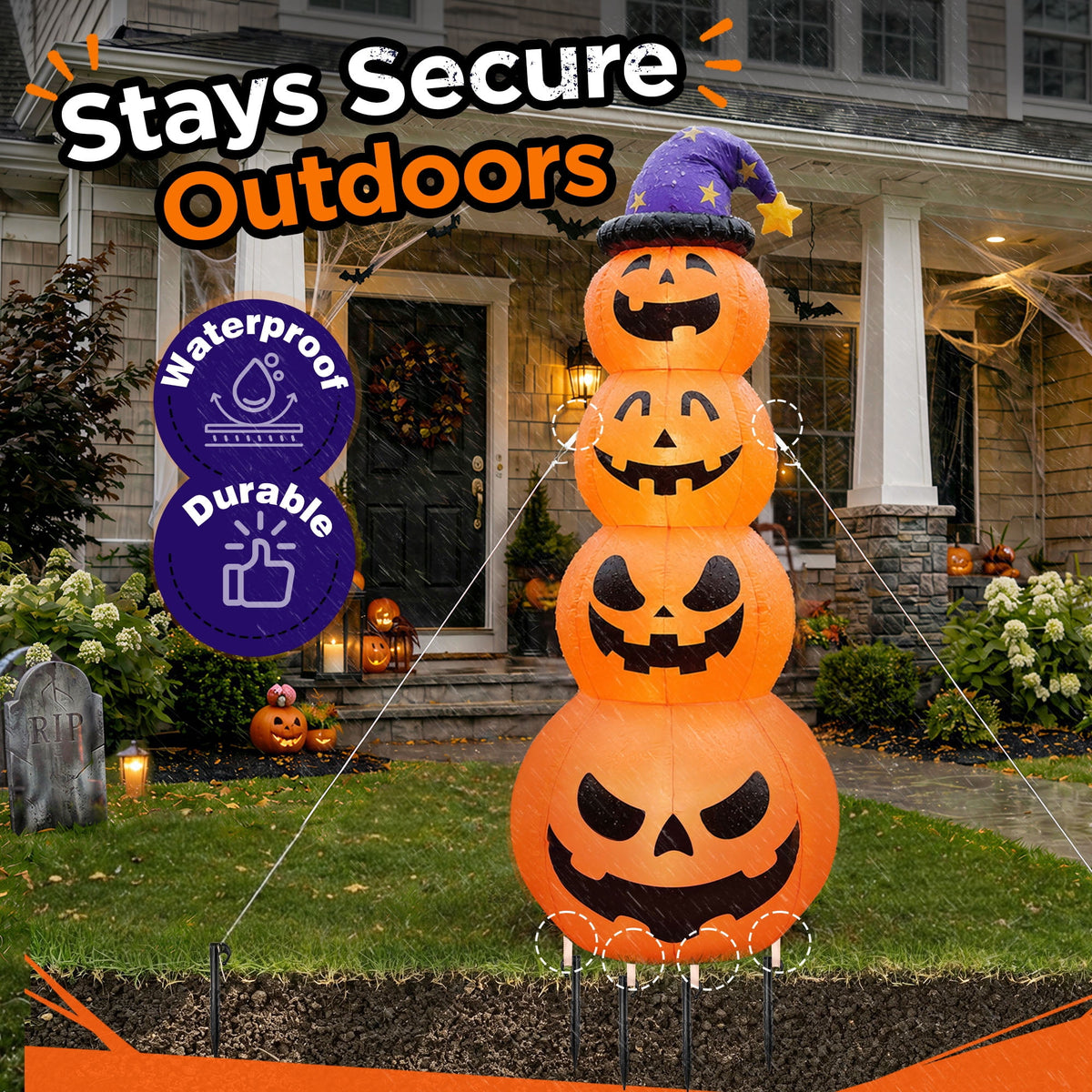 Witchwood™ 8ft Halloween Inflatable, Stacked Pumpkins with Witch Hat and Built-in LED Lights, Outdoor Blow up Yard Decor for Lawn, Garden, Porch and Halloween Party, Orange