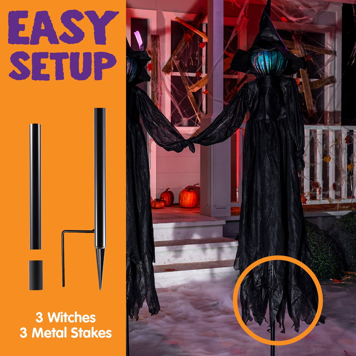 Witchwood™ 3 Pack Witches Halloween Decorations Outdoor, 51" Sound Activated Light Up Flying Witch Stakes with Color Changing Face & Creepy Sound, Life Size Halloween Props for Lawn Grave Party