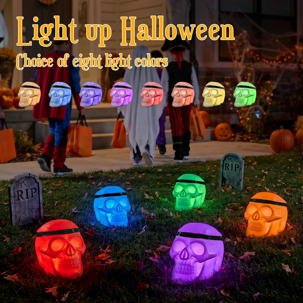 Witchwood™ Postlucky 7.5" 8-Color Dimmable LED Skull Light, Halloween Outdoor Skeleton Decor Lamp, 3 AA Battery Powered, Black Strip Accessory