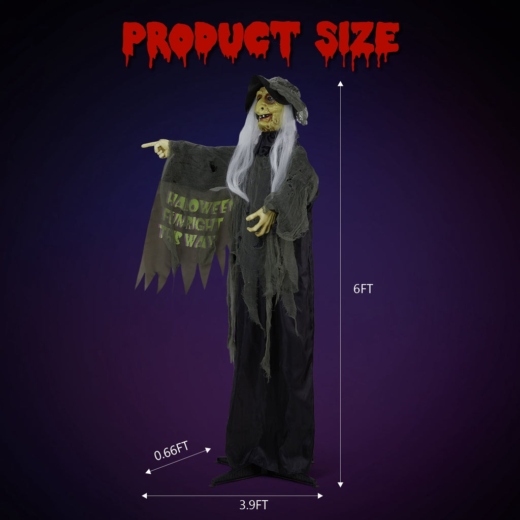 Witchwood™ 6FT Halloween Animatronic Witch Standing Outdoor Halloween Decoration w/ Red Eyes,Scary Sounds