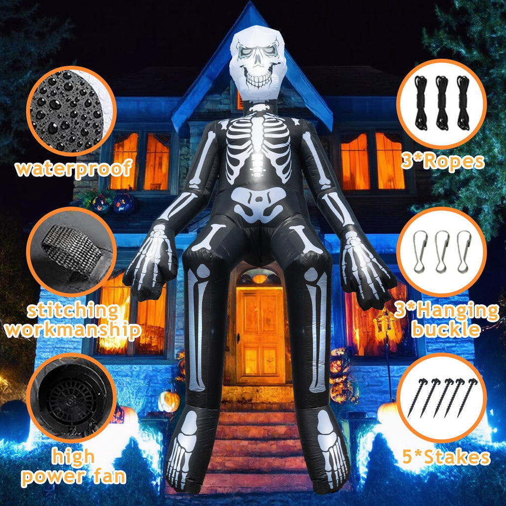 Witchwood™ Halloween Inflatables Outdoor Decorations, 10.5FT Sitting Skeleton Halloween Outdoor Inflatables Decorations Skeleton Blow Up Built in Lights Air Pump for Halloween Party Yard Garden Party Supplies