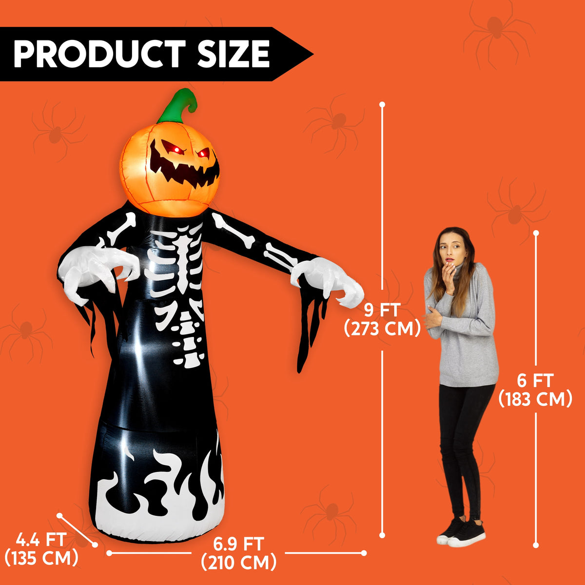 Witchwood™ 9 ft Halloween Inflatables Pumpkin Skeleton Decorations with Built-in LED Lights,Large Blow Up Decoration for Yard Lawn Garden Indoor Outdoor, Pumpkin Skeleton Inflatable Decoration