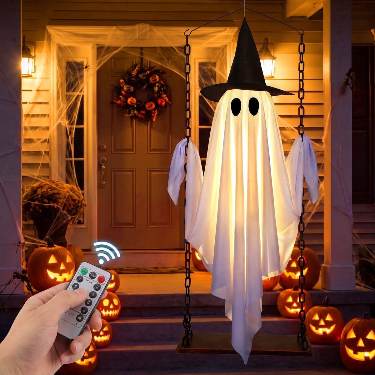 Witchwood™ Halloween Decorations Outdoor, Hanging Swing Ghosts with Lights Halloween Spooky Cute Ghosts Decor for Outside Home Front Porch Yard Lawn Tree
