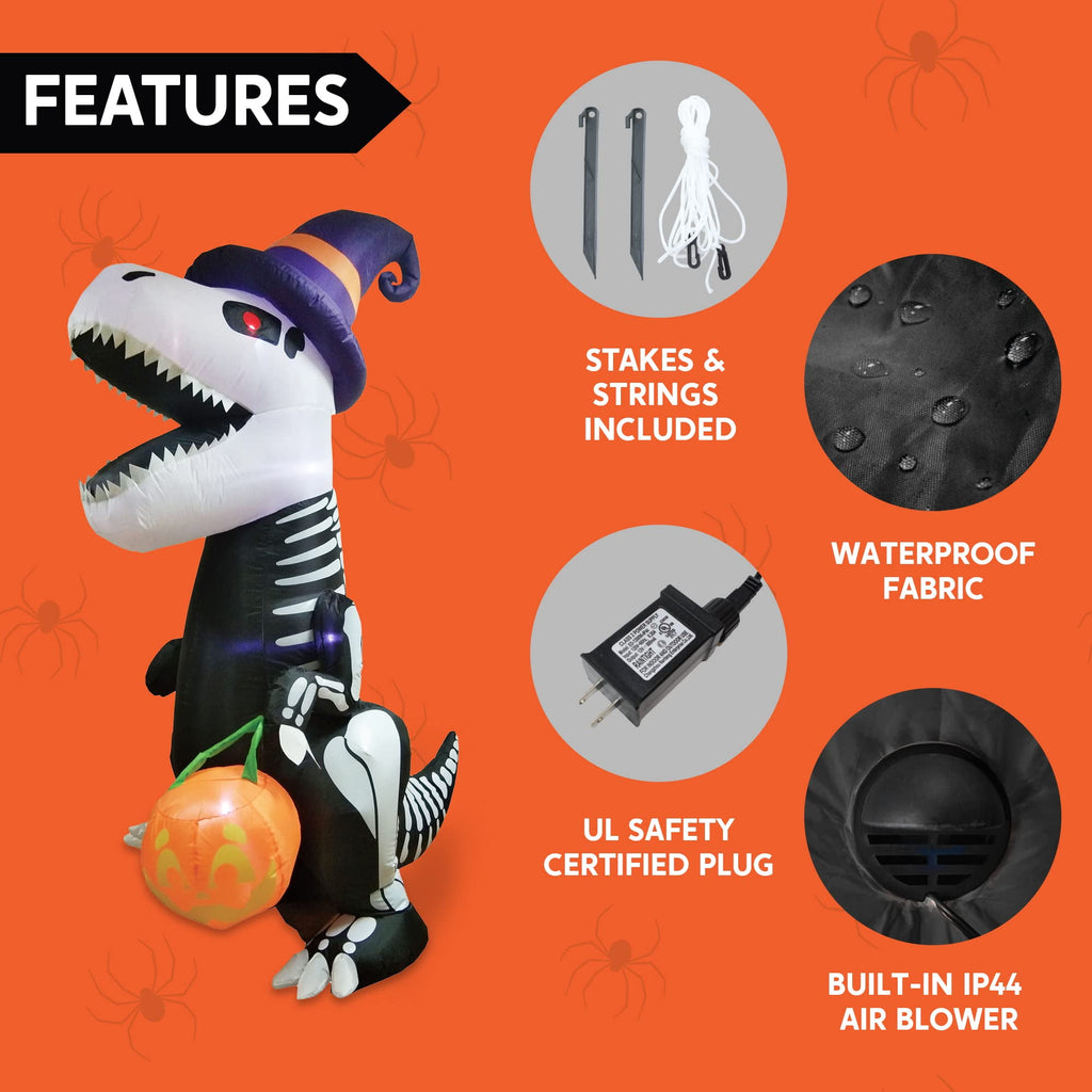 Witchwood™ 8 FT Halloween Inflatable Skeleton Dinosaur with Build-in LEDs Pumpkin Decorations,Halloween Outdoor Decorations Blow up Yard Decorations