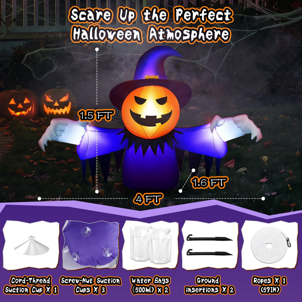 Witchwood™ 2-in-1 Halloween Inflatable Pumpkin Ghost,4 FT Halloween Window Decoration, Blow Up Outdoor Halloween Decor for Yard, Garden, Lawn, Porch,Indoor Outdoor Party