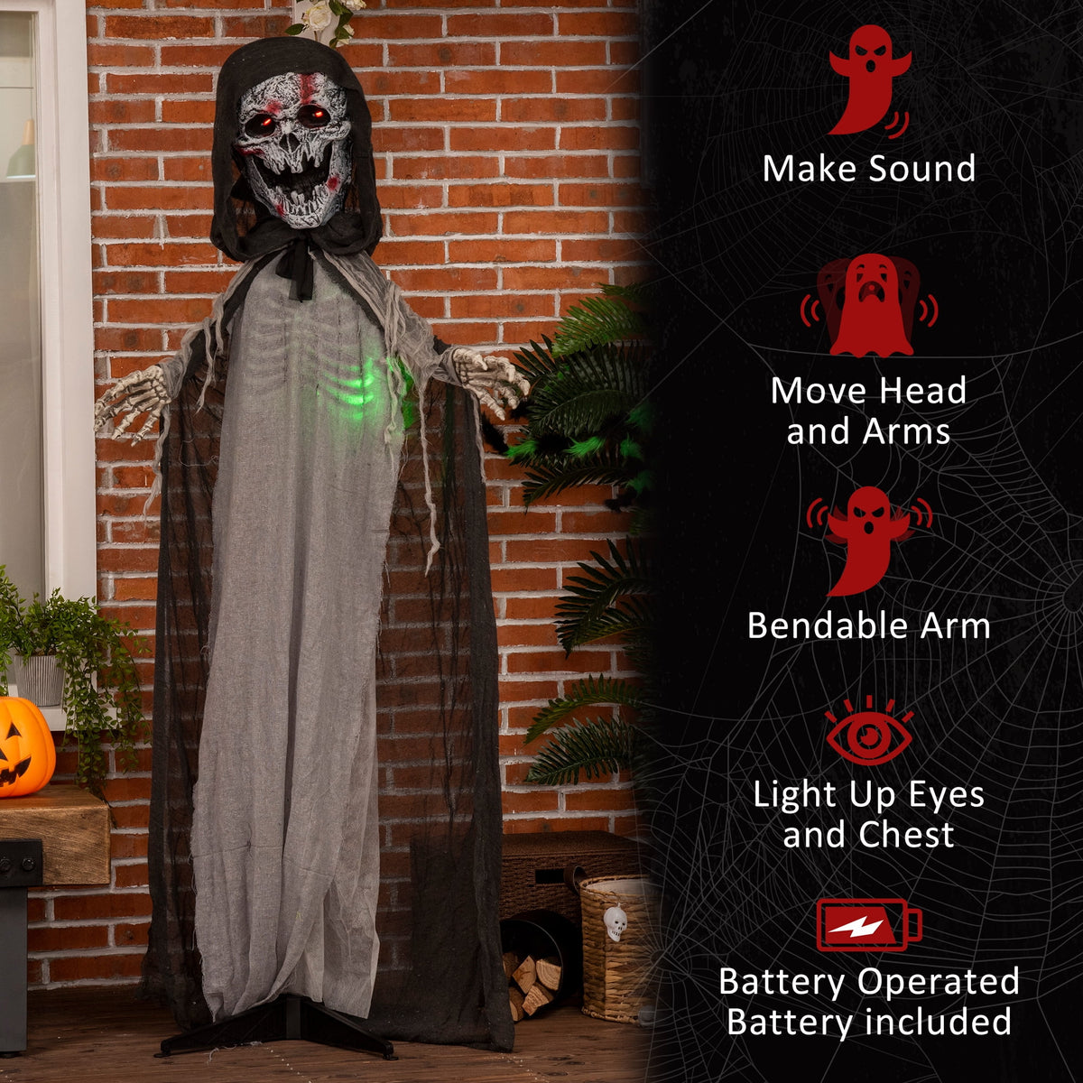 Witchwood™ Outsunny 74" Life Size Outdoor Halloween Decorations Skeleton Witch, Animated Prop Animatronic Decor with Sound and Motion Activated, Light Up Eyes and Chest, Howling and Chain Sound