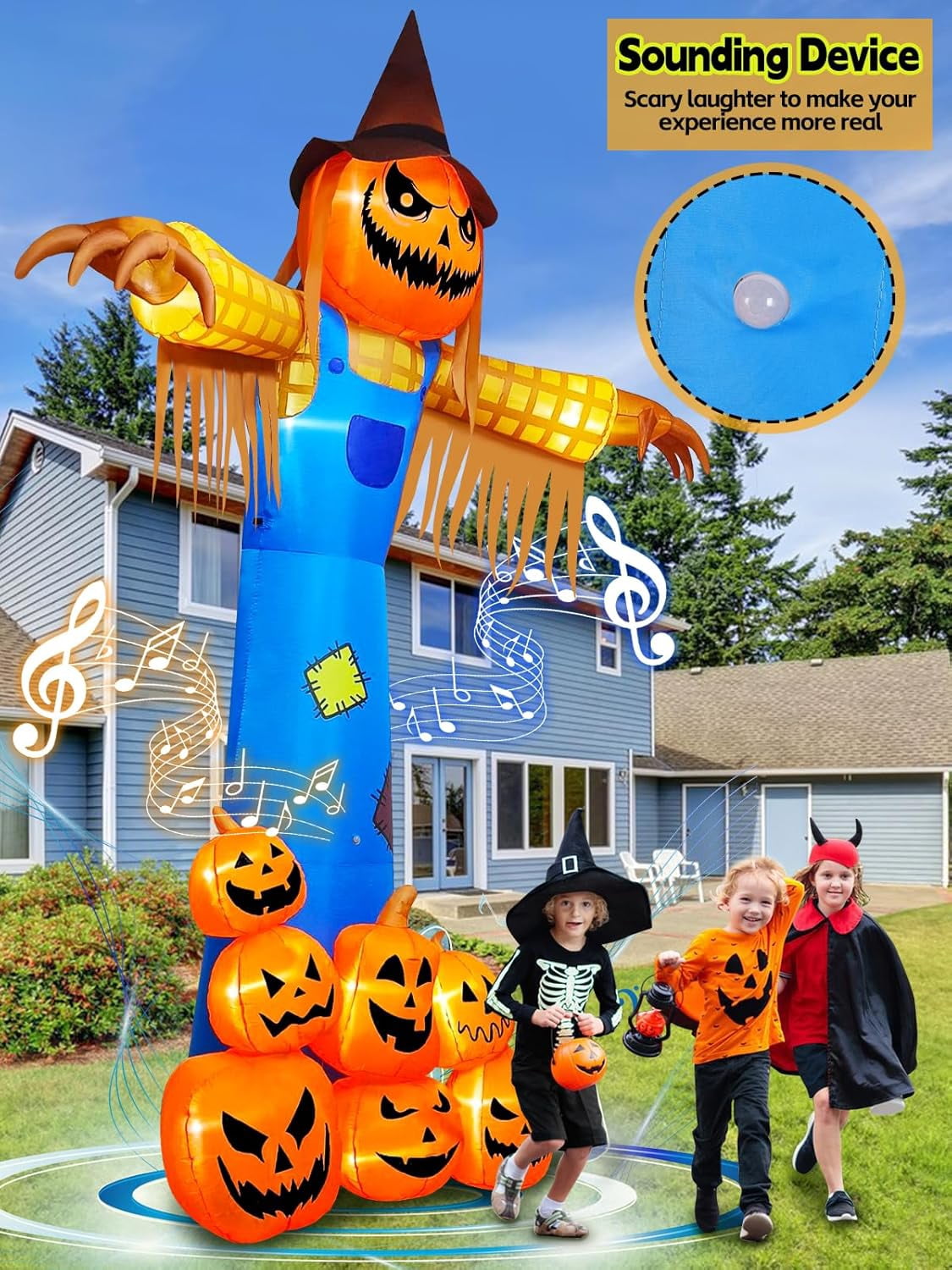 Witchwood™ 12.5 FT Halloween Inflatables with Music, Giant Pumpkin Scarecrow Inflatable with LED Light Blow Up Yard Decor with Scary Sound for Outdoor Garden Lawn Holiday Party Supplies