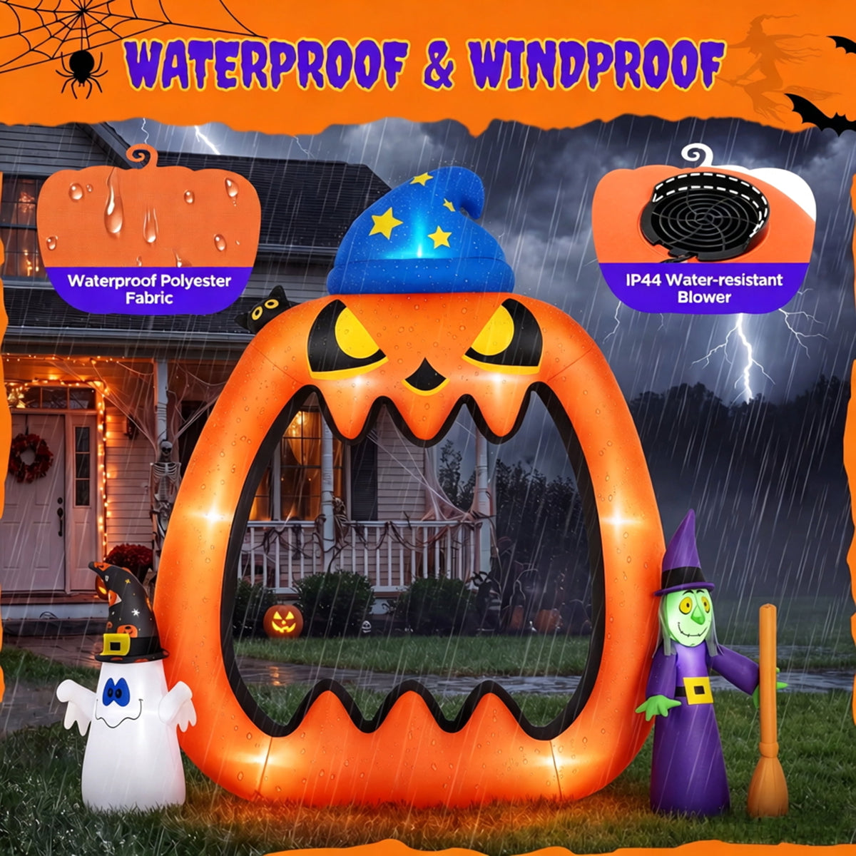 Witchwood™ 8.2ft Halloween Inflatable Pumpkins Photo Door with Ghost Witch Yard Party Outdoor Decorations with LED Lights