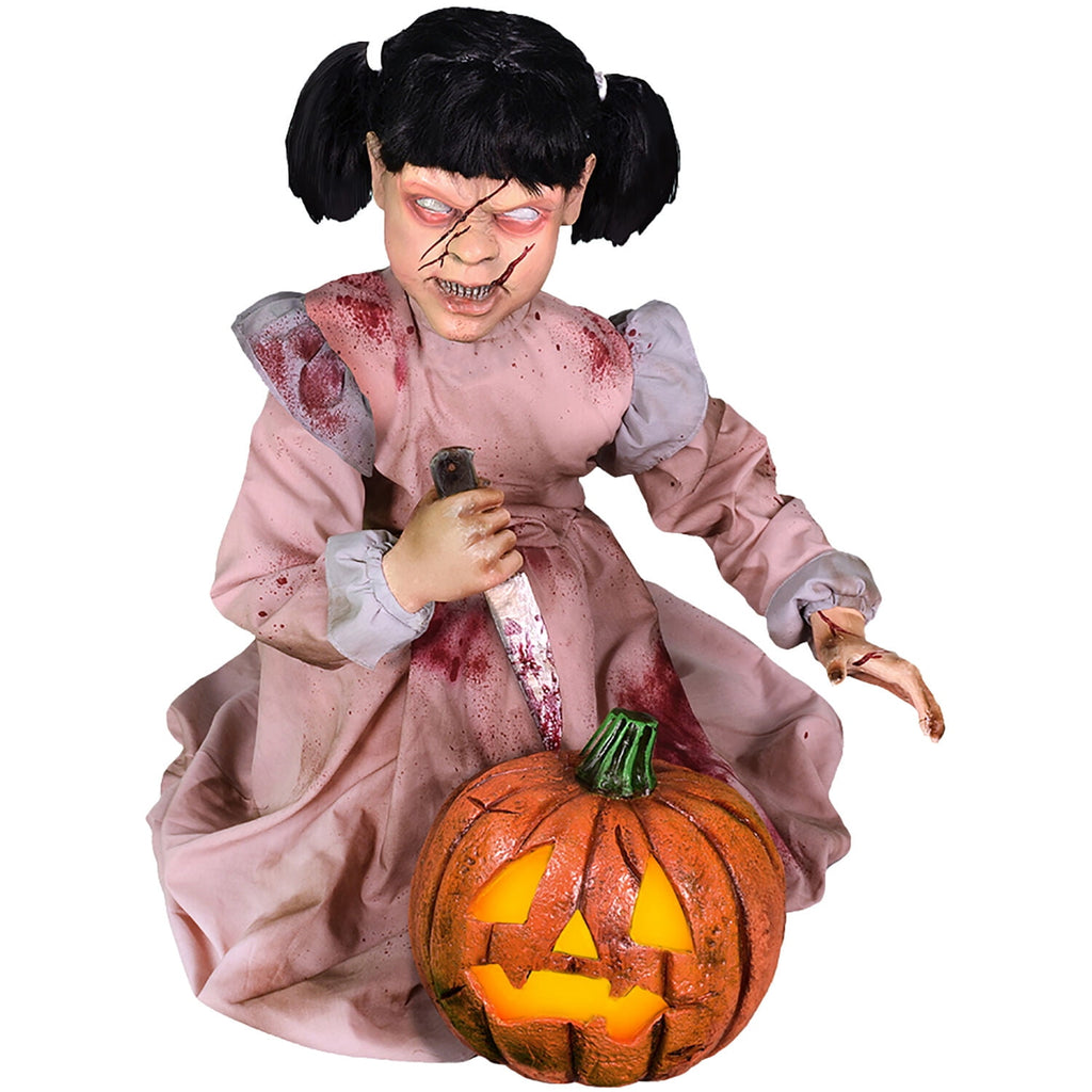 Witchwood™ Lunging Pumpkin Carver Zombie Girl with Jack O'Lantern by Tekky, 3.2 ft Premium Talking Halloween Animatronic, HHPMPCVR-FLSA