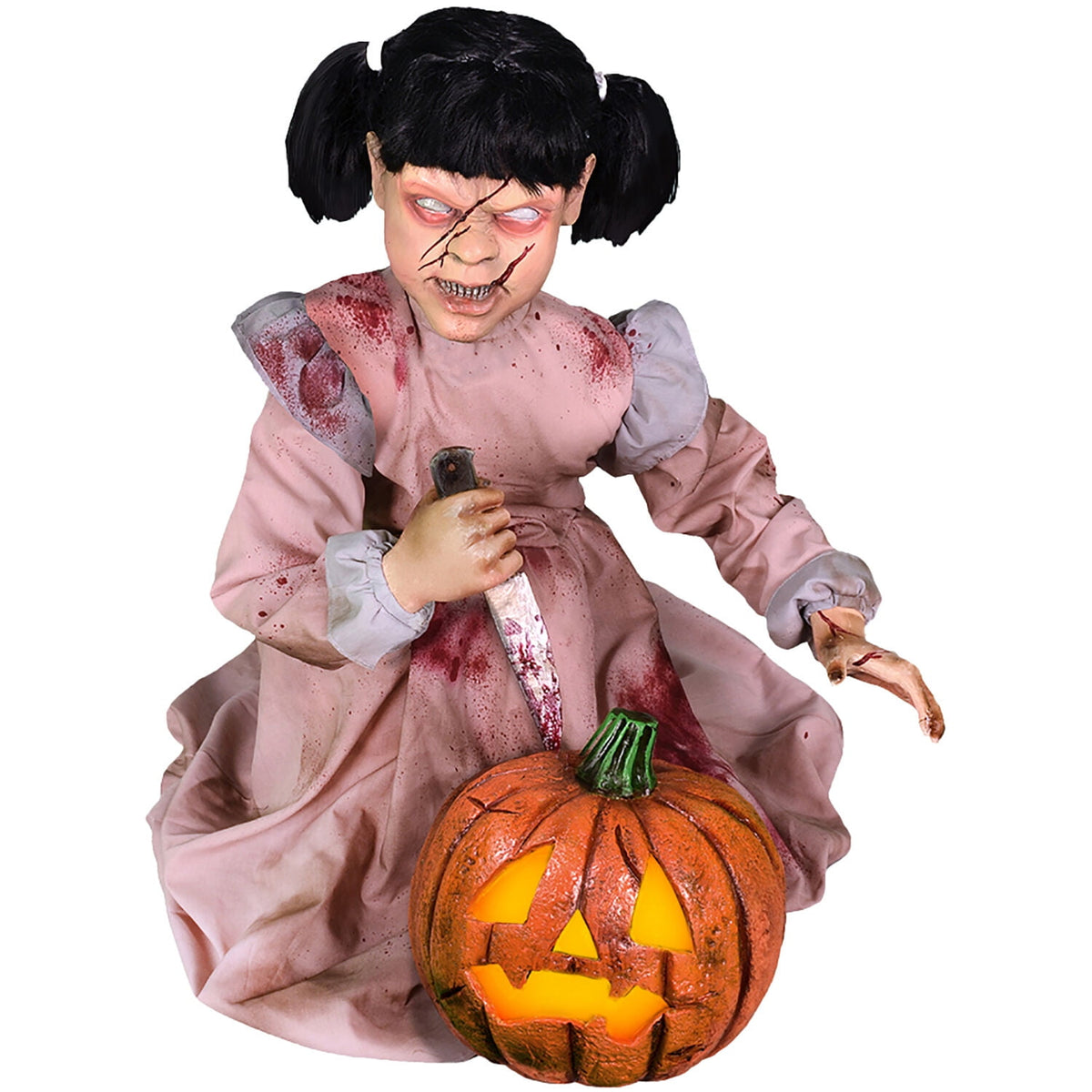 Witchwood™ Lunging Pumpkin Carver Zombie Girl with Jack O'Lantern by Tekky, 3.2 ft Premium Talking Halloween Animatronic, HHPMPCVR-FLSA