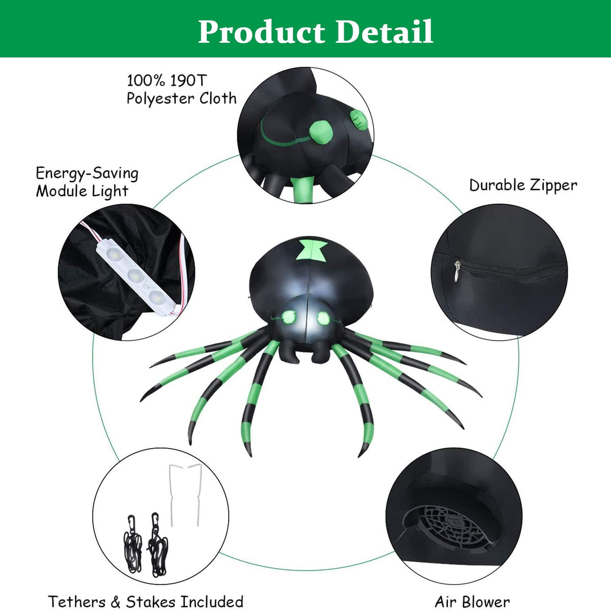 Witchwood™ 7.2FT Halloween Inflatable Spider Outdoor Decoration, Blow Up Spider with LED Light Decor, Inflatable Holiday Yard Lawn Garden Decorations for Indoor Outdoor