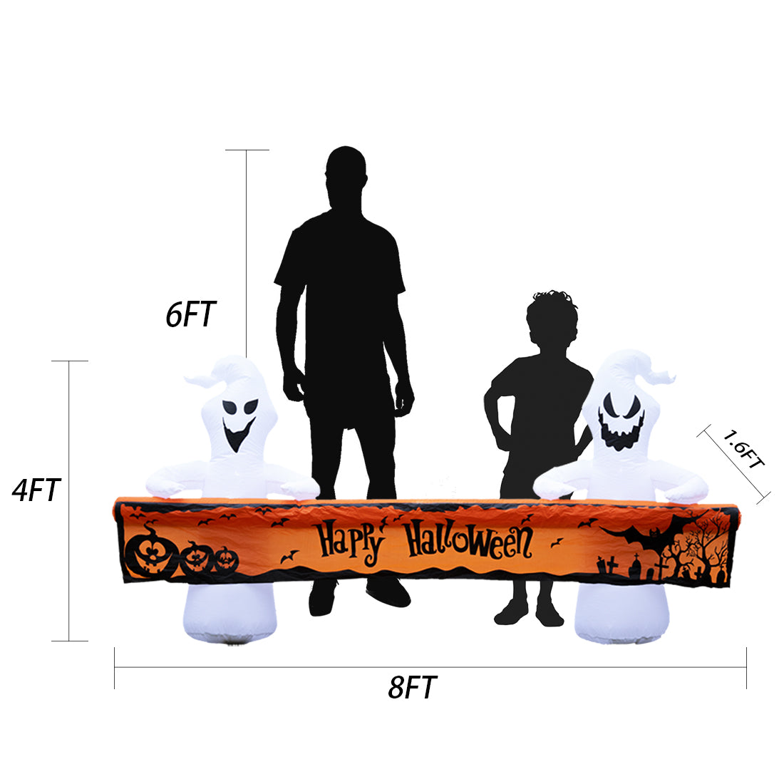 Witchwood™ Large Hallowee Inflatable-8FT White Ghosts with Orange Banner Print ?Happy Halloween? LED Lights Outdoor Halloween Decorations Blow Up Decoration for Halloween Party, Yard, Garden, Lawn