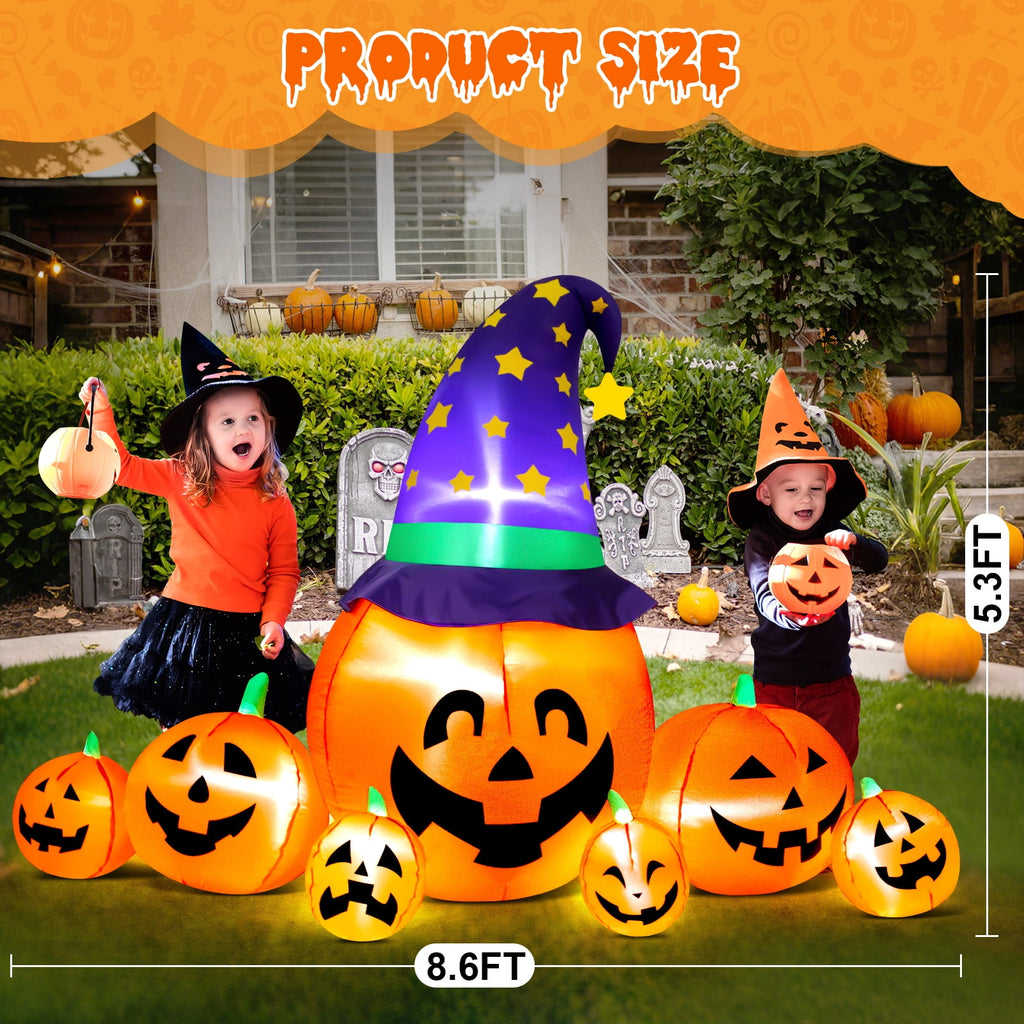 Witchwood™ 8.7FT Halloween Inflatable Pumpkin Set, 7-Pumpkin Outdoor Decoration with Witch Hats and LED Lights for Yard, Garden, Lawn