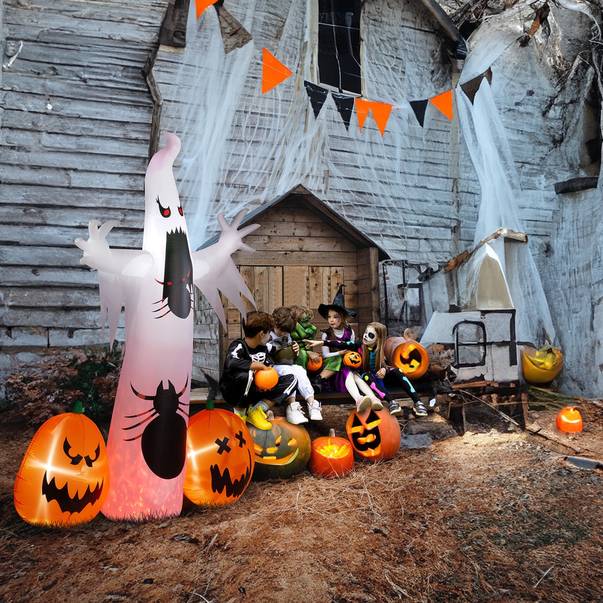 Witchwood™ 12 ' Halloween Ghost & Pumpkin Outdoor Halloween Inflatables for Patio Garden Decor,1 Pcs